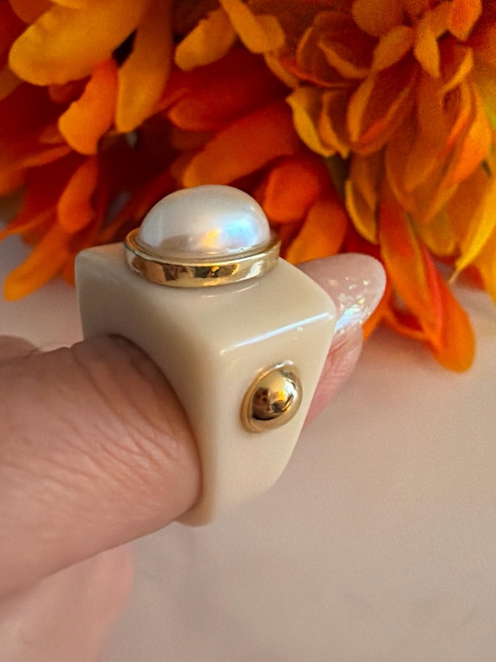 Cream Resin Ring with Pearl Accent - Women Jewelry